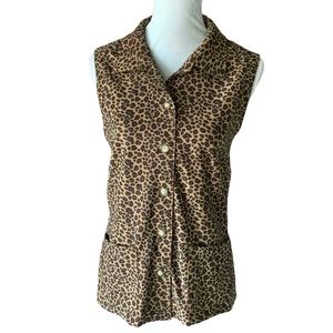 Vintage Manor House Sleeveless Animal Print Collar Button Up Blouse w/ Pockets